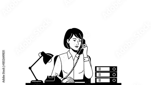 Businesswoman talking on phone at office desk with lamp and binders