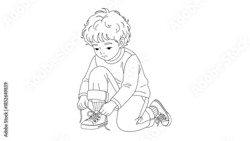 A young boy sitting and tying his shoelaces with concentration and focus