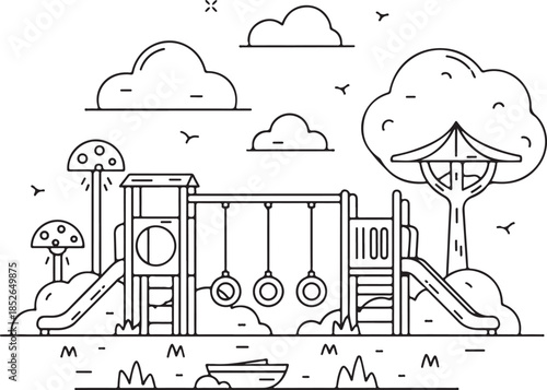 A playful illustration of a kids' playground with swings and slides, perfect for designs needing a fun and carefree atmosphere, evoking a sense of youthful energy and vibrant outdoor recreation.