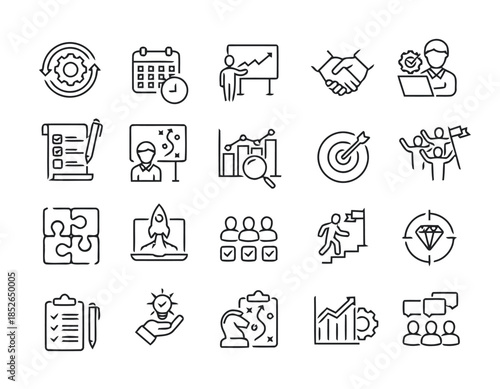 Business strategy icons for representing business planning development and project management emphasizing project milestones team collaboration and strategic vision in line art style