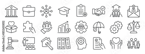 Business support and corporate philanthropy vector icons set in outline style various signs of collaboration development partnership and social responsibility to help and serve