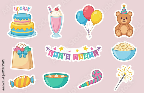Cute Birthday Sticker Set Cake, Balloons, Teddy Bear, and Party Snacks