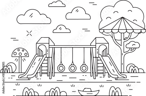 A playful illustration of a kids' playground with swings and slides, perfect for designs needing a fun and carefree atmosphere, evoking a sense of youthful energy and vibrant outdoor recreation.