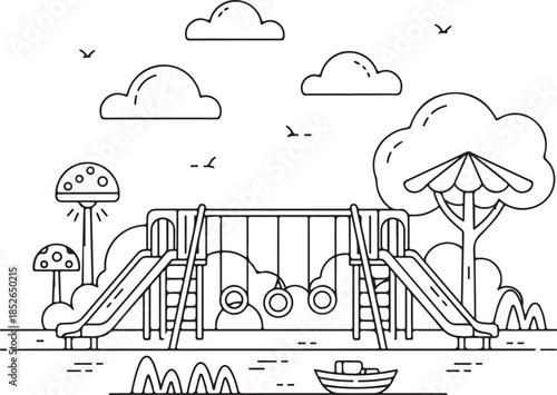 A playful illustration of a kids' playground with swings and slides, perfect for designs needing a fun and carefree atmosphere, evoking a sense of youthful energy and vibrant outdoor recreation.