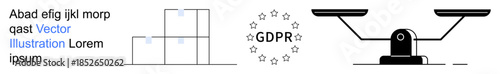 Privacy law, data protection, compliance, business ethics, legal scales, information security. GDPR icon surrounded by stars, data blocks and balanced scales. Privacy law and data protection