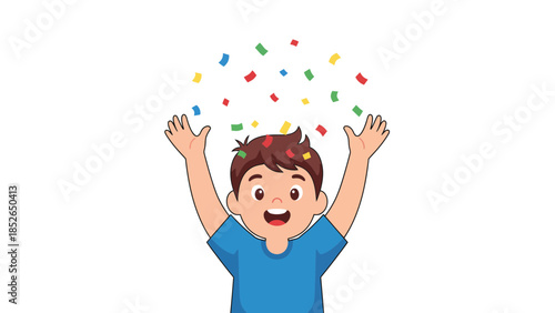 Happy cartoon boy celebrating with colorful confetti in the air, joyful and excited expression