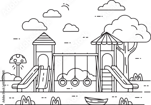 A playful illustration of a kids' playground with swings and slides, perfect for designs needing a fun and carefree atmosphere, evoking a sense of youthful energy and vibrant outdoor recreation.