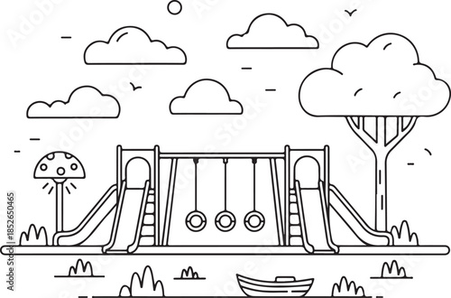 A playful illustration of a kids' playground with swings and slides, perfect for designs needing a fun and carefree atmosphere, evoking a sense of youthful energy and vibrant outdoor recreation.