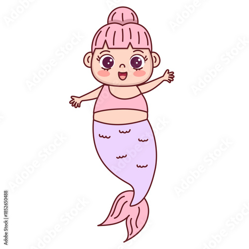 Cute mermaid cartoon character with pink  hair isolated on white background. Illustration for kids design, stickers, prints, nursery decor, books, games.