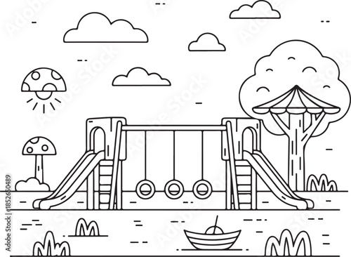 A playful illustration of a kids' playground with swings and slides, perfect for designs needing a fun and carefree atmosphere, evoking a sense of youthful energy and vibrant outdoor recreation.