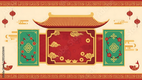 Traditional Chinese New Year festive background with temple lanterns and decorative elements