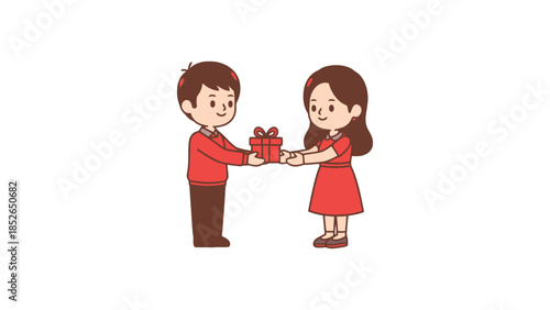 Cartoon children exchanging gifts, happy kids giving presents to each other with smiles