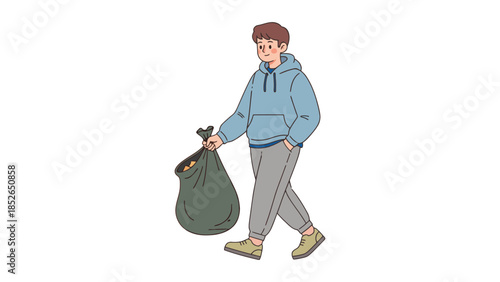 Young man walking with a black trash bag in hand outdoors