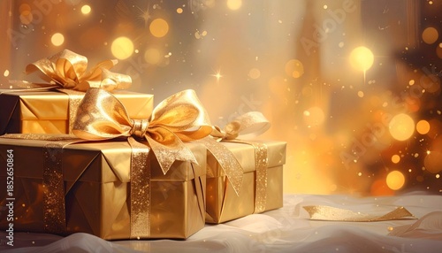 Two gold-wrapped gift boxes with matching bows on white surface and festive golden bokeh background