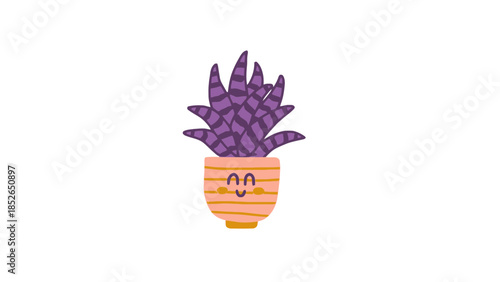 Cute cartoon purple plant in a happy orange striped pot with face