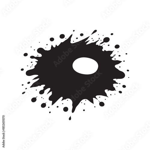 Black and white vector ink blot splash with grunge streaks isolated on white background