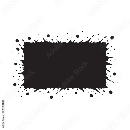 Black ink splatter rectangle frame black and white grunge border with blots and streaks vector background