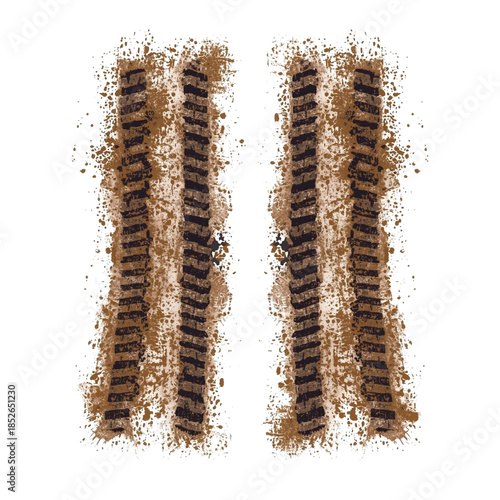 An illustration of two parallel muddy tire tracks with splatters of dirt and grime. The tracks show a deep tread pattern and are isolated on a clean white background.