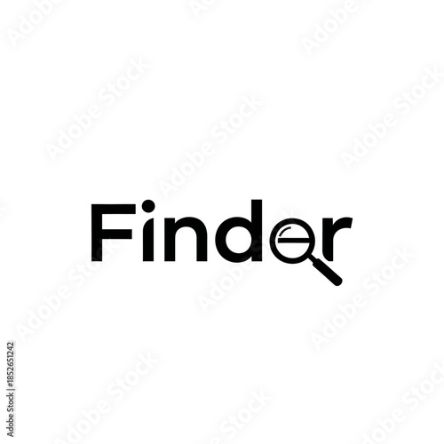 Black and white logo design for the word finder with a magnifying glass replacing the letter r