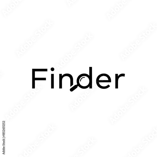 Minimalist black and white logo design featuring the word finder with a magnifying glass replacing the letter o