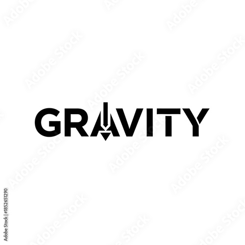 Black typography logo design spelling the word gravity with a downward arrow integrated into the letter i
