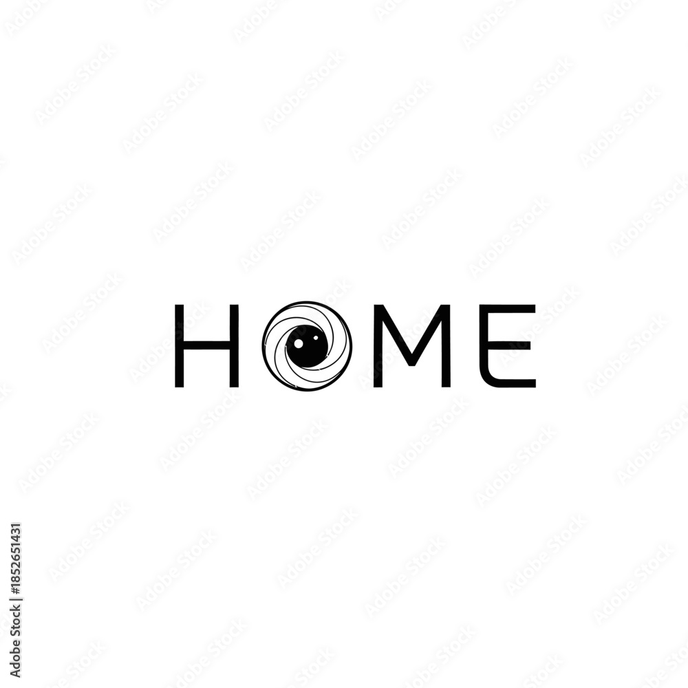 Obraz premium Minimalist black and white logo design featuring the word home with an eye or camera shutter replacing the letter o