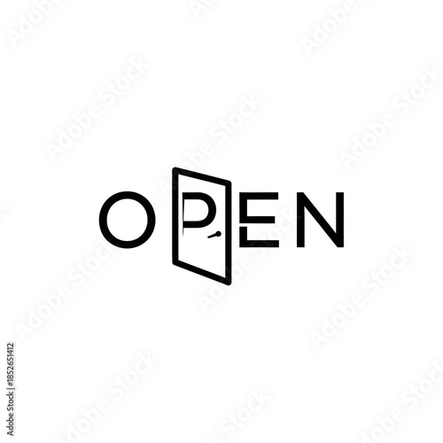 Minimalist black and white wordmark logo design featuring the word open with a stylized door replacing the letter p