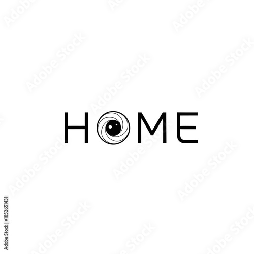 Minimalist black and white logo design featuring the word home with an eye or camera shutter replacing the letter o