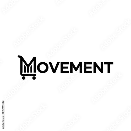 Minimalist black and white logo design featuring the word movement with a shopping cart icon replacing the letter m