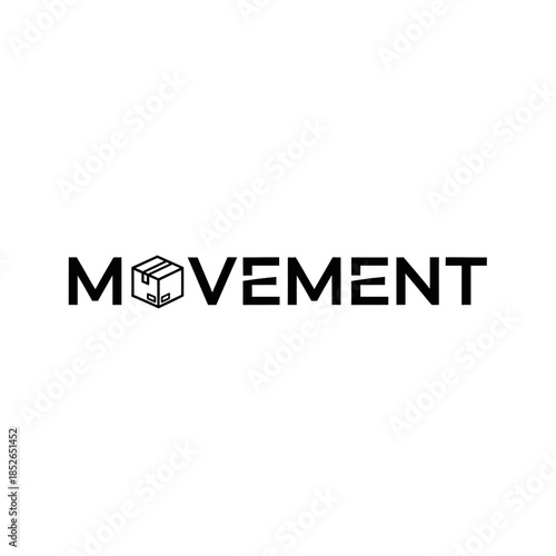 Minimalist black and white logo design featuring the word movement with a shipping box icon replacing the letter o