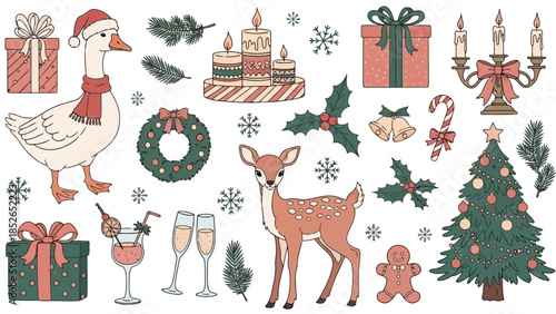Collection of vintage hand drawn christmas holiday icons isolated on white background