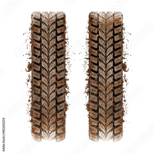 An illustration of two parallel muddy tire tracks with splatters of dirt and grime. The tracks show a deep tread pattern and are isolated on a clean white background.