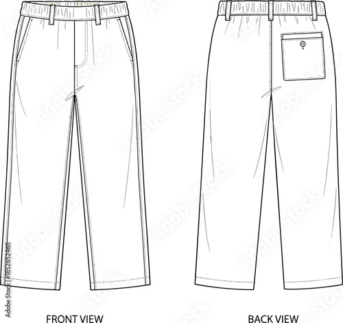 Men casual pants technical drawing, front back views, elastic waist trousers apparel outline vector illustration for fashion design