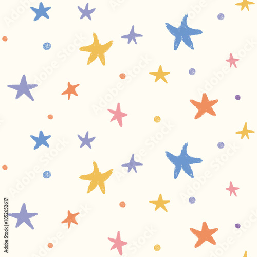 Playful hand drawn star dots seamless pattern. Colorful crayon pencil textured stars. Baby design for fabric textile cloth print, wrapping paper, card, nursery wallpaper