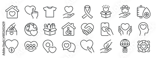 Charity and aid donation vector icons set in outline style various signs of assistance and generosity representing support and care towards social causes and humanitarian relief