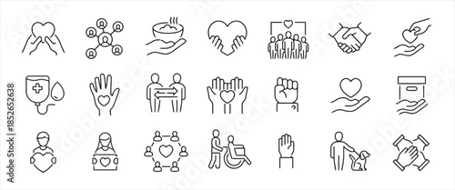 Charity and volunteering line icon set donation and humanitarian help linear web sign vector illustration isolated on white background
