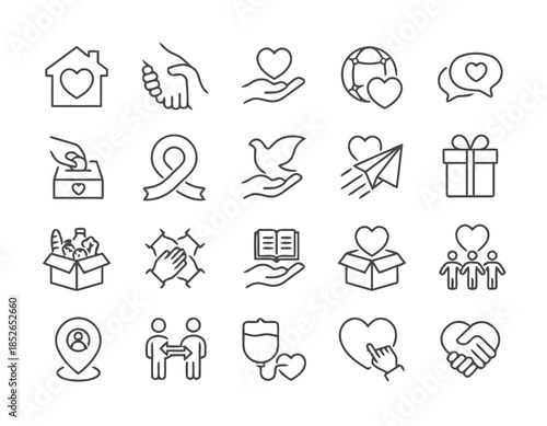 Charity and Donation Line Art Icons Set Featuring Support and Care Volunteer Help Heart Symbols Humanitarian Aid and Global Assistance Peace and Generosity