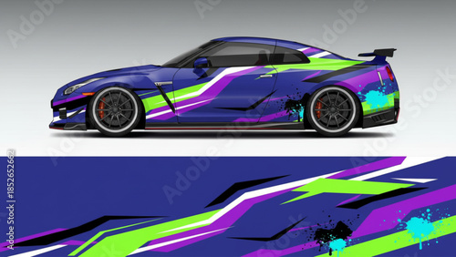 Vibrant abstract graphic car wrap design on a blue sports car, featuring purple, green, and white patterns with paint splatters.