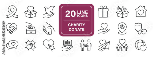 Charity and donation line icons set help and support for people community with heart love care and kindness flat vector illustration concept