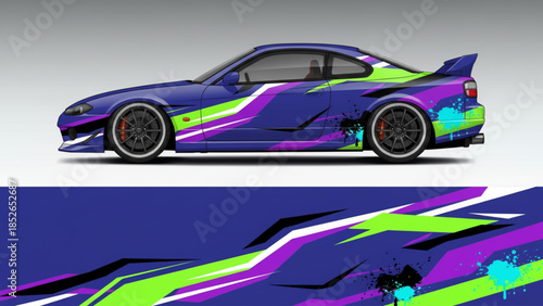Side view of a blue sports car with a vibrant purple, green, and white graphic vinyl wrap design, showcasing a dynamic racing aesthetic.