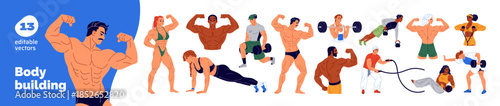 Bodybuilding set. Bodybuilders are training with dumbbells. Muscular athletes push and press weights at sports workout. Strong men and women pump muscles. Flat isolated vector illustrations on white