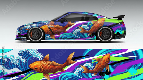 A sports car with a vibrant koi fish and wave art wrap design, featuring abstract geometric patterns in purple, green, and blue.
