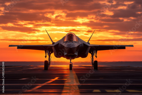 Fighter jet on runway during sunset with vibrant skies in the background