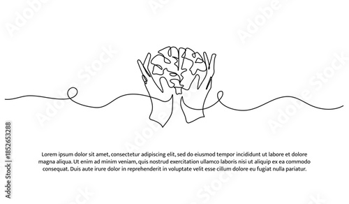 One line of holding the brain. Abstract minimal continuous line isolated on white background.
