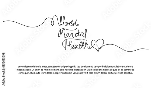 One line of world mental health hand lettering. Abstract minimal continuous line isolated on white background.