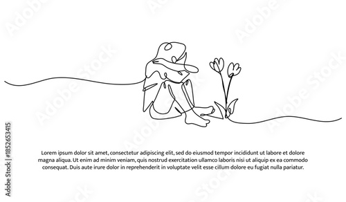 One line of a woman affected by mental health. Abstract minimal continuous line isolated on white background.