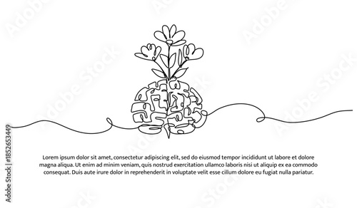 One line of brain growth. Abstract minimal continuous line isolated on white background.