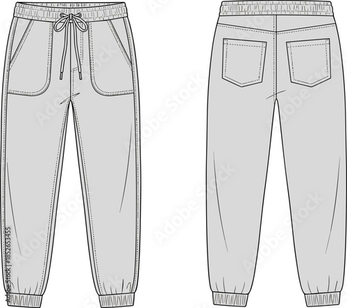 Men jogger pants technical drawing, front back views, elastic waist sweatpants apparel outline vector illustration for fashion design