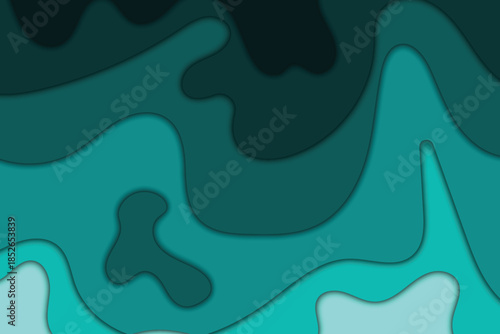 Paper cut background featuring layered abstract wave patterns in various shades of teal and dark blue