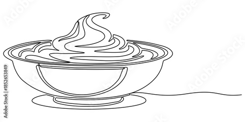 One line drawing of a bowl of ice cream scoops with a spoon, isolated on minimalist continuous line art of dessert continuous one line art of vector illustration
